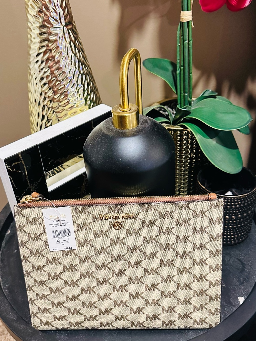 Michael Kors Beige Logo Zip Pouch with Gold-Tone Accents
